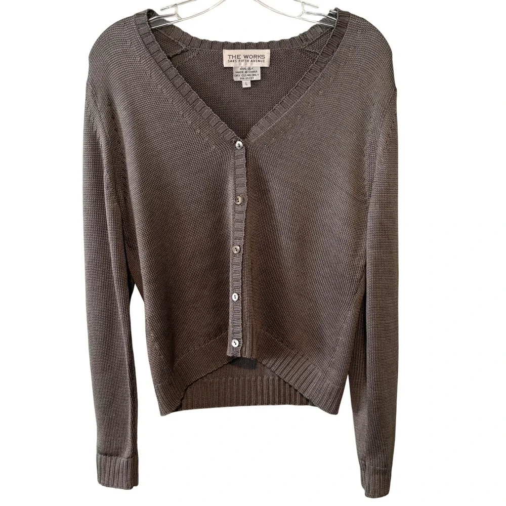 The Works Saks Fifth Avenue Grey Vintage Luster Silk Cardigan‎ in Size L